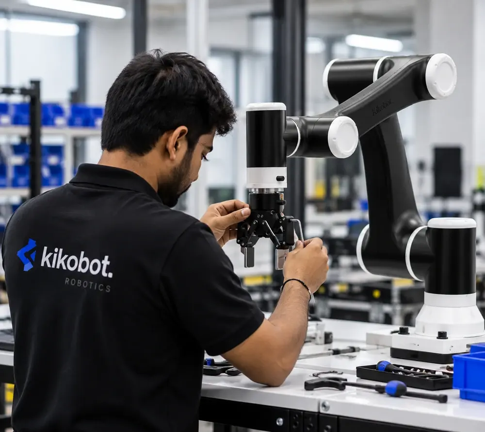 Kikobot technician installing a gripper on a collaborative robot