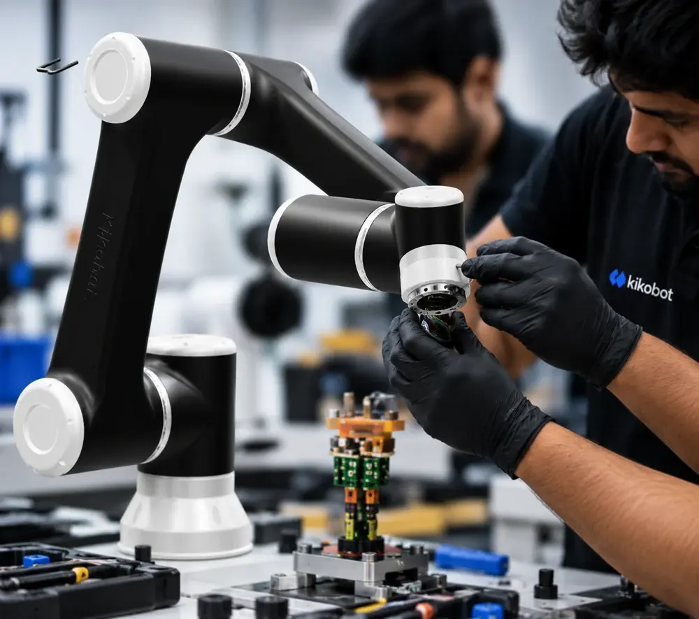 Kikobot technician servicing a robot wrist and tool flange