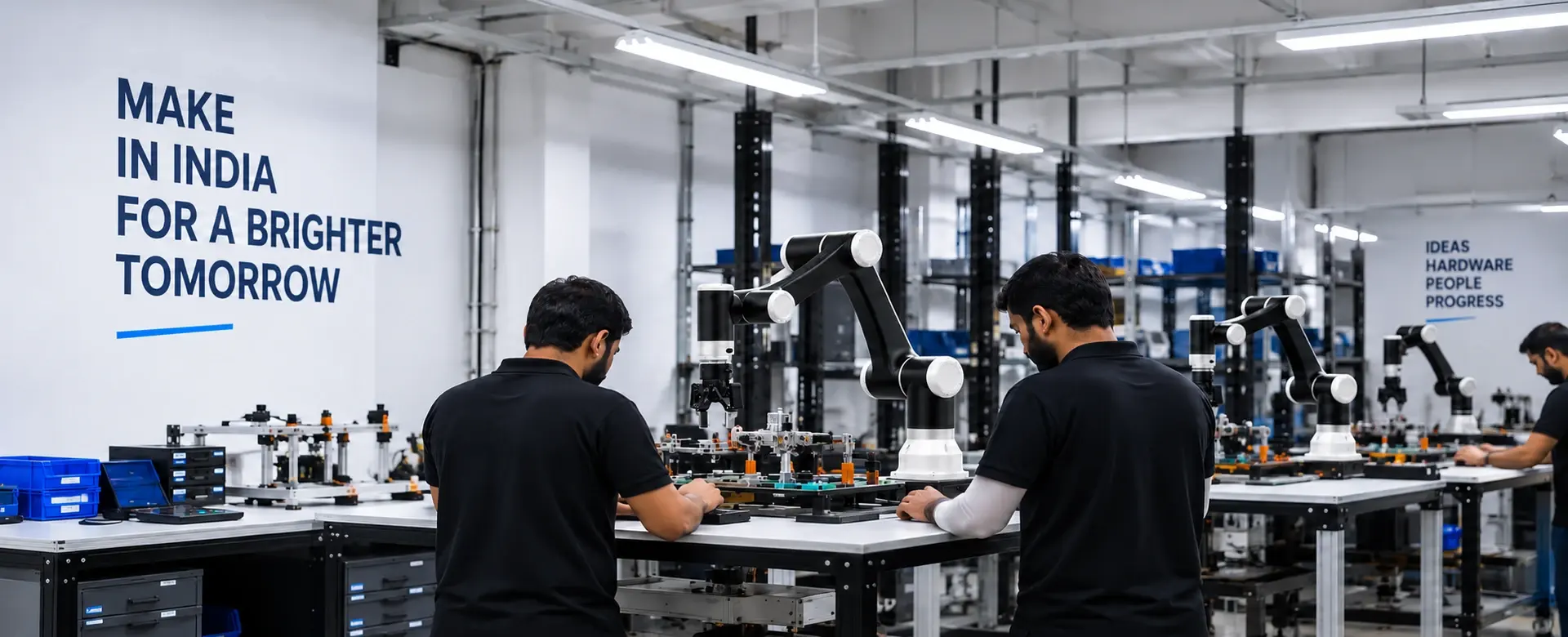 Engineers working with Kikobot robots in an Indian robotics workshop
