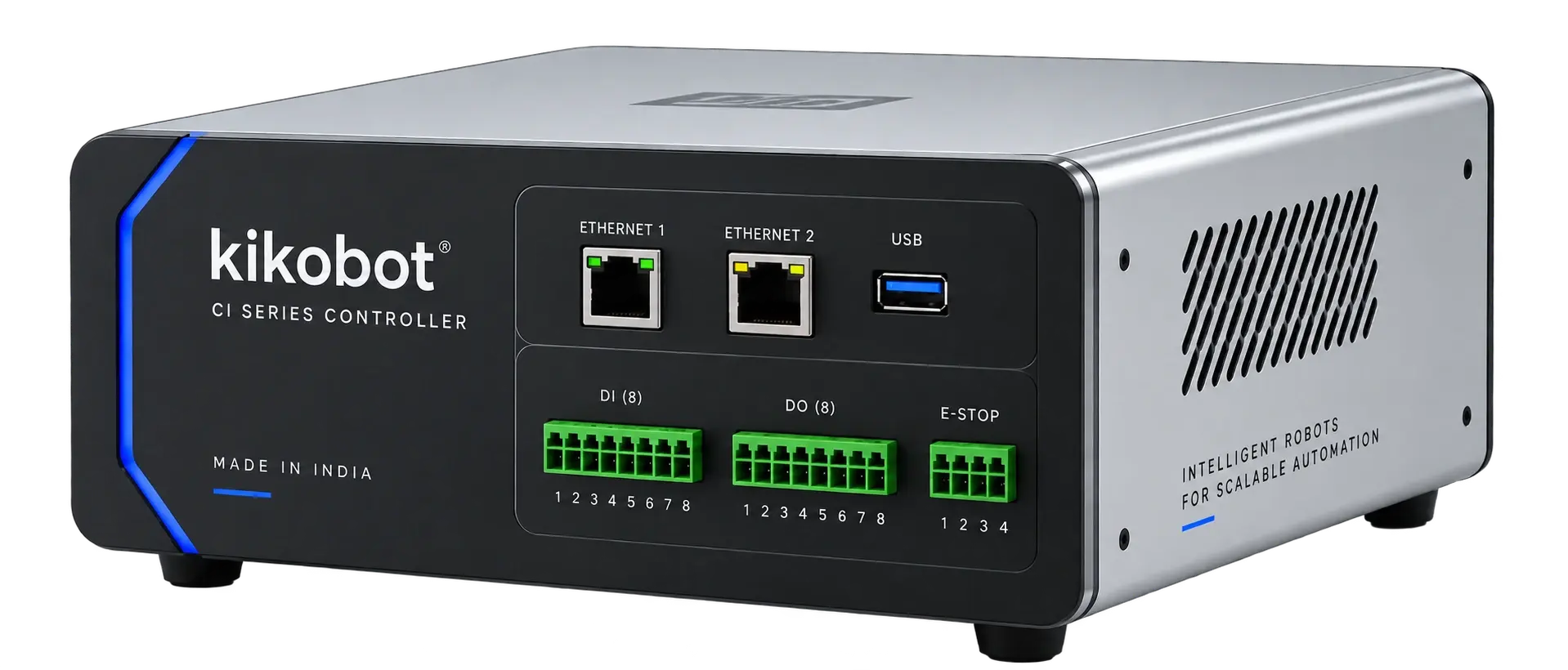 Kikobot robot controller with Ethernet, USB, digital I/O and emergency stop connections